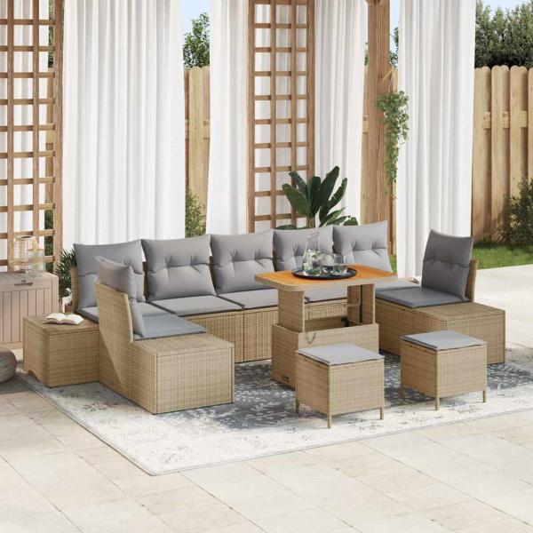 ARDEBO.de - 10-teiliges Garten Sofa Set mit Kissen Beige Poly Rattan Akazie