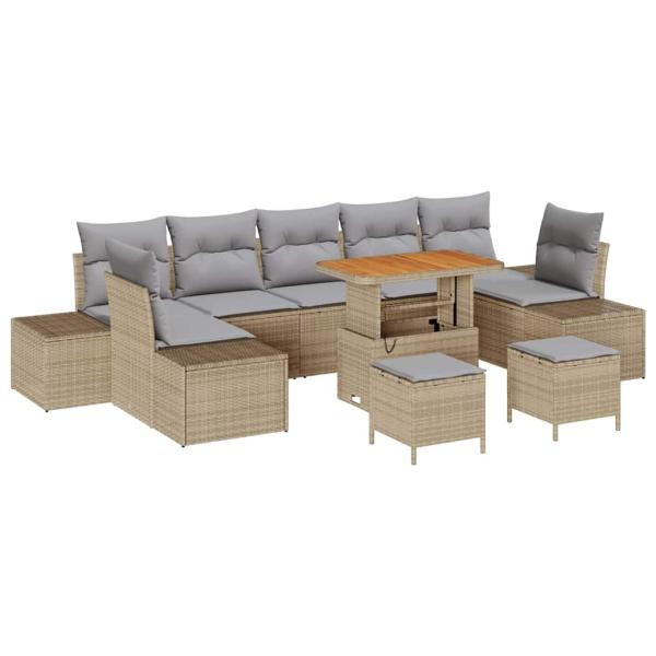 10-teiliges Garten Sofa Set mit Kissen Beige Poly Rattan Akazie