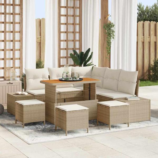 ARDEBO.de - 9-teilige Garten-Sofagarnitur mit Kissen Beige Poly-Rattan Akazie
