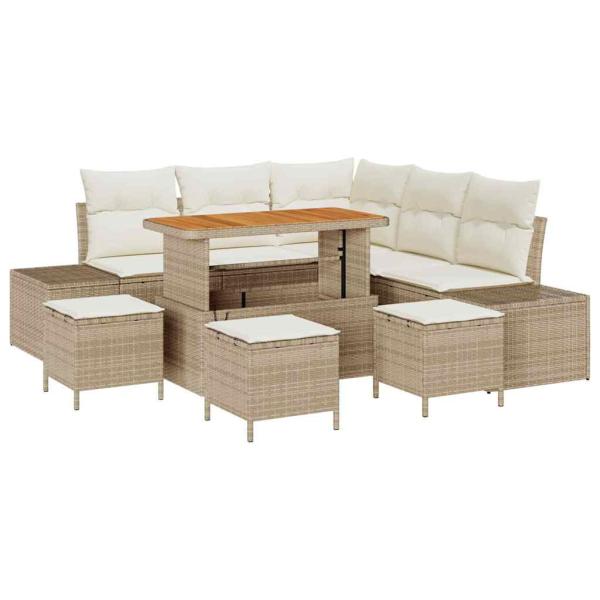 9-teilige Garten-Sofagarnitur mit Kissen Beige Poly-Rattan Akazie