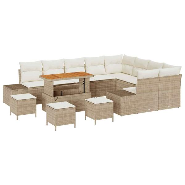 13-teiliges Gartensofa-Set mit Kissen Beige Poly-Rattan Akazie