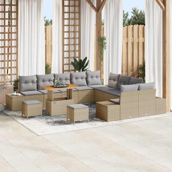 ARDEBO.de - 13-tlg. Garten-Sofagarnitur mit Kissen Beige Poly Rattan Akazie