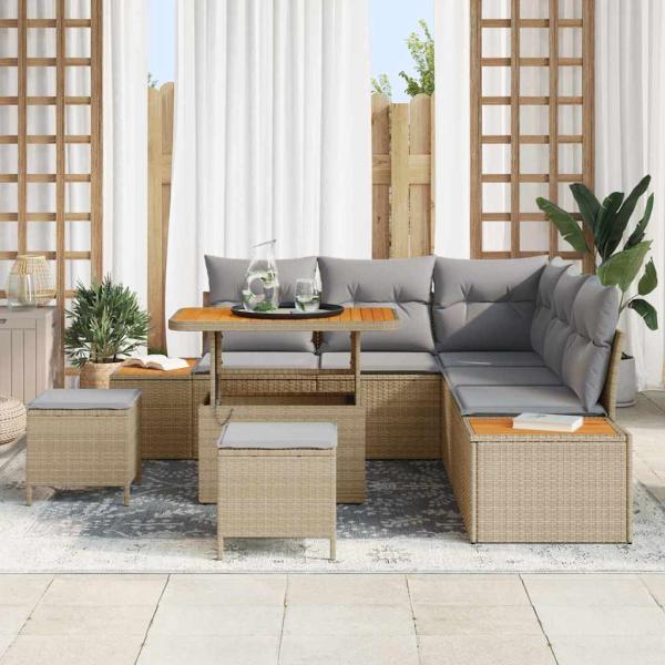 8-teiliges Garten Sofa Set mit Kissen Beige Poly Rattan Akazie
