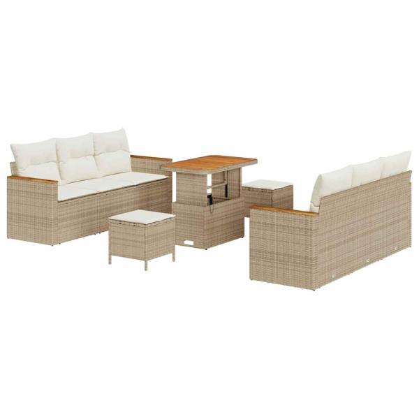 9-teiliges Garten Sofa Set mit Kissen Beige Poly Rattan Akazie