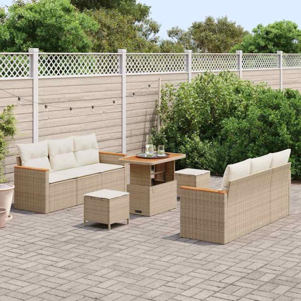 9-teiliges Garten Sofa Set mit Kissen Beige Poly Rattan Akazie