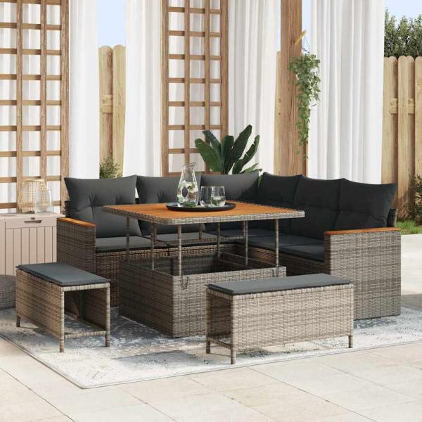 ARDEBO.de - 8-tlg. Garten-Sofagarnitur mit Kissen Grau Poly Rattan Akazie