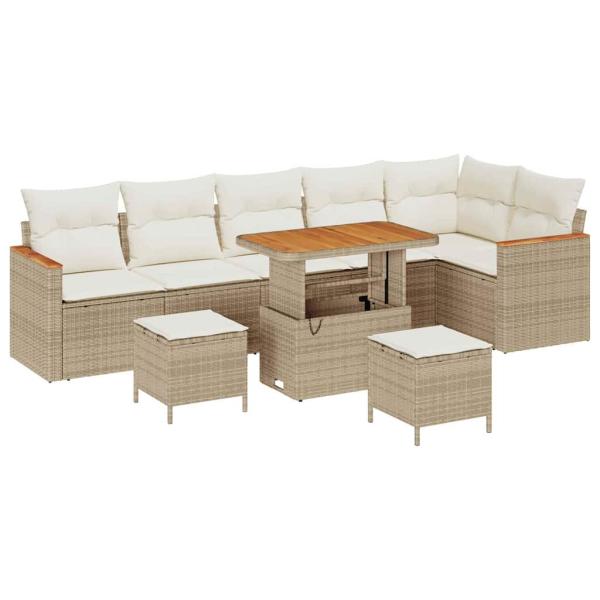 9-teiliges Garten-Sofa-Set mit Kissen Beiges Poly-Rattan Akazie