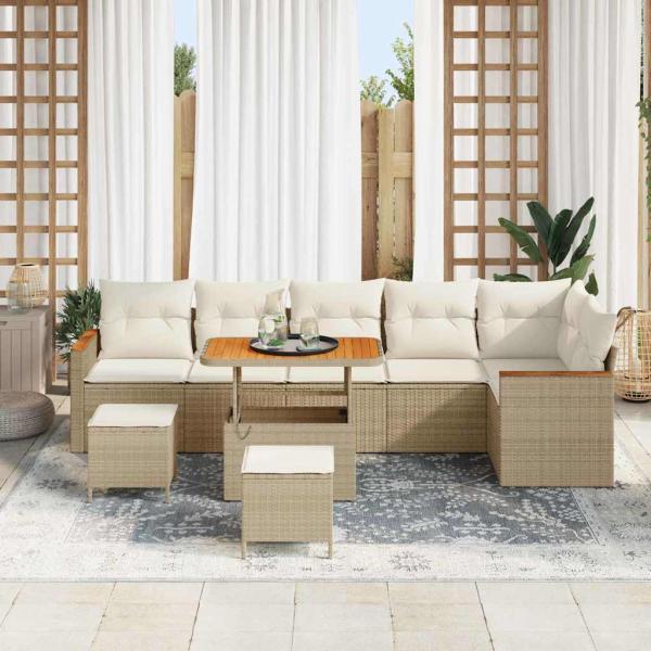 9-teiliges Garten-Sofa-Set mit Kissen Beiges Poly-Rattan Akazie