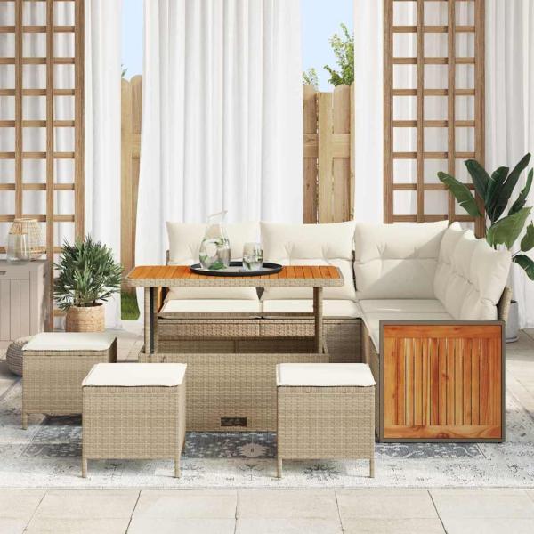 9-teiliges Garten-Sofaset mit Kissen Beige Poly-Rattan Akazie