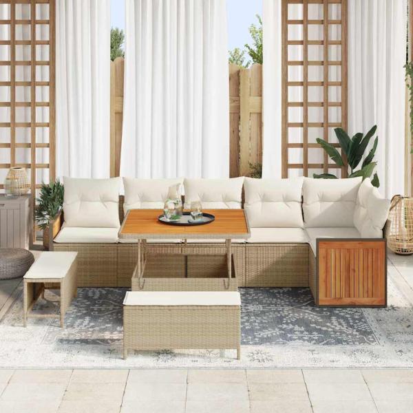 9-teiliges Garten Sofa Set mit Kissen Beige Poly Rattan Akazie