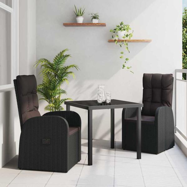 ARDEBO.de - 3-teiliges Garten-Dining-Set mit Kissen Schwarz Poly Rattan
