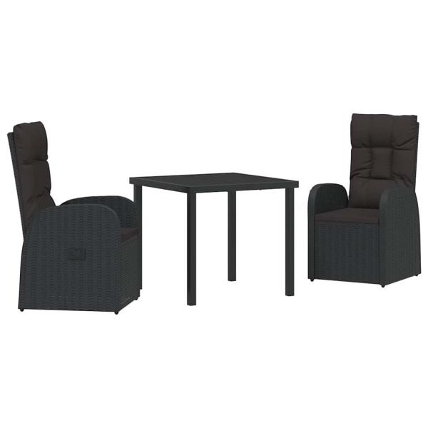 3-teiliges Garten-Dining-Set mit Kissen Schwarz Poly Rattan