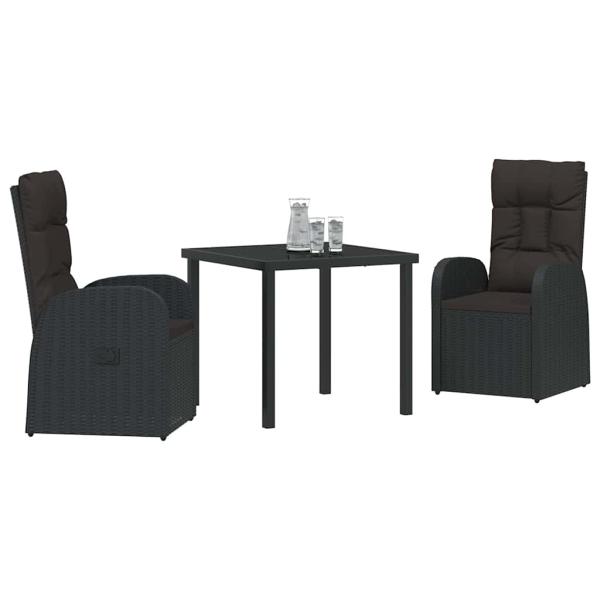 3-teiliges Garten-Dining-Set mit Kissen Schwarz Poly Rattan