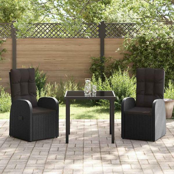 3-teiliges Garten-Dining-Set mit Kissen Schwarz Poly Rattan