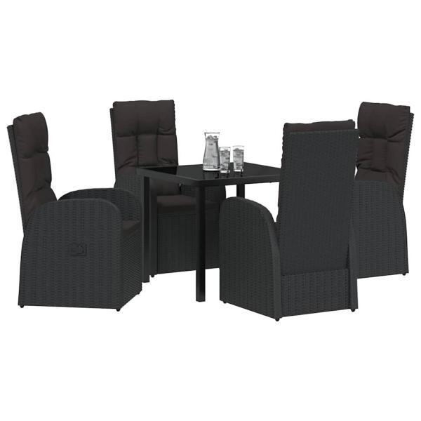 5-teiliges Garten-Essset mit Kissen - Schwarzes Poly-Rattan