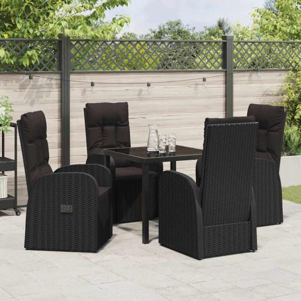 5-teiliges Garten-Essset mit Kissen - Schwarzes Poly-Rattan