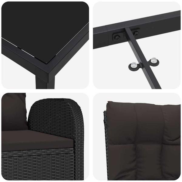 5-teiliges Garten-Essset mit Kissen - Schwarzes Poly-Rattan