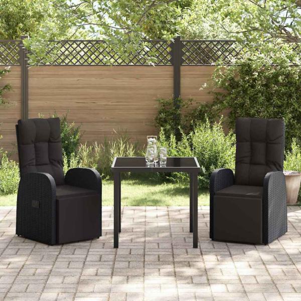 3-teiliges Gartenset mit Kissen aus schwarzem Poly-Rattan