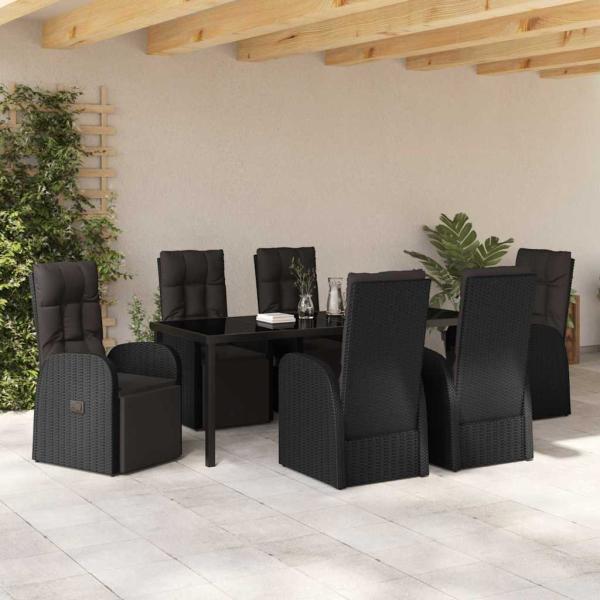 7-teiliges Garten-Esszimmer-Set mit Kissen Schwarz Poly-Rattan