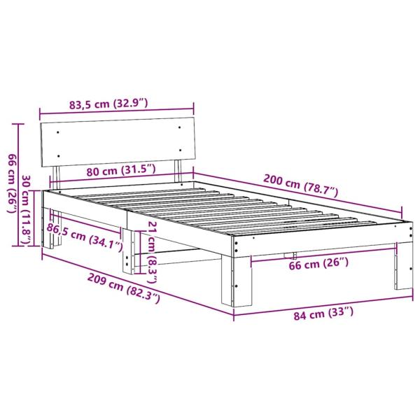 Bettgestell mit Kopfteil Weiß 80x200 cm Massivholz Kiefer