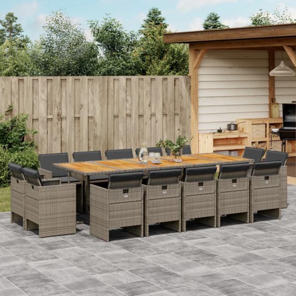 ARDEBO.de - 15-tlg. Garten-Essgruppe mit Kissen Grau Poly Rattan