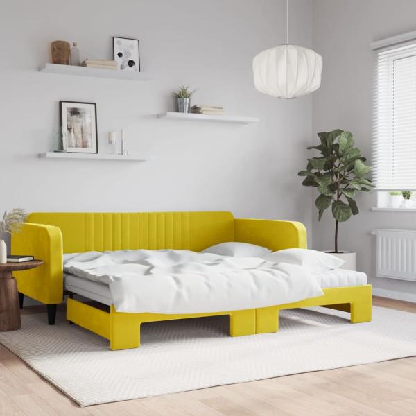 ARDEBO.de - Tagesbett Ausziehbar mit Matratzen Gelb 100x200 cm Samt