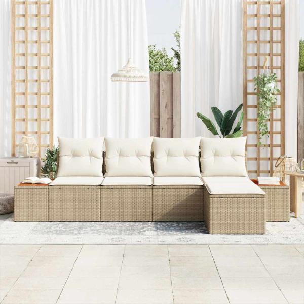 5-teiliges Garten Sofa Set mit Kissen in Beige Poly Rattan Akazie