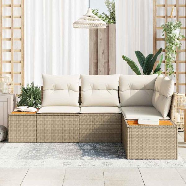 4-tlg. Garten-Sofagarnitur mit Kissen Beige Poly Rattan Akazie
