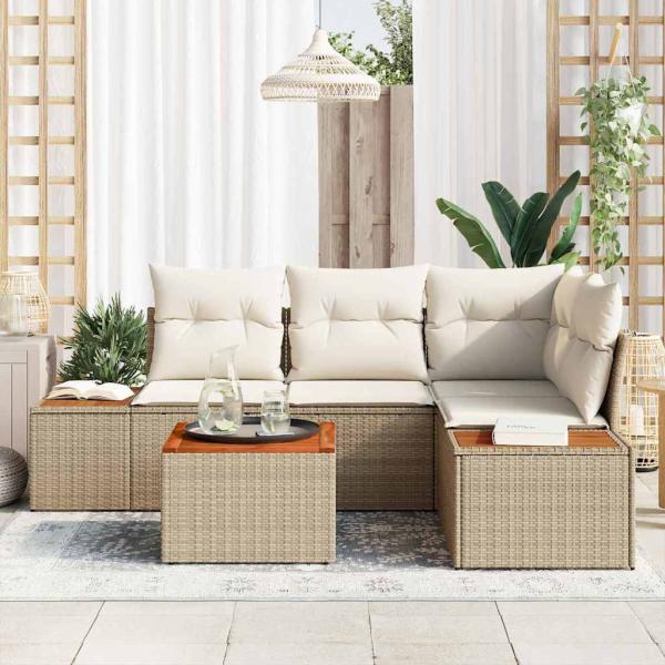 ARDEBO.de - 5-tlg. Garten-Sofagarnitur mit Kissen Beige Poly Rattan Akazie