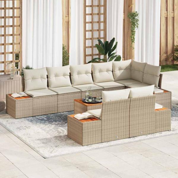 ARDEBO.de - 9-teiliges Garten-Sofa-Set mit Kissen Beiges Poly-Rattan Akazie