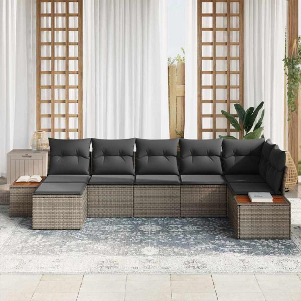 7-Teiliges Garten-Sofa-Set mit Kissen Grau Poly Rattan Akazie