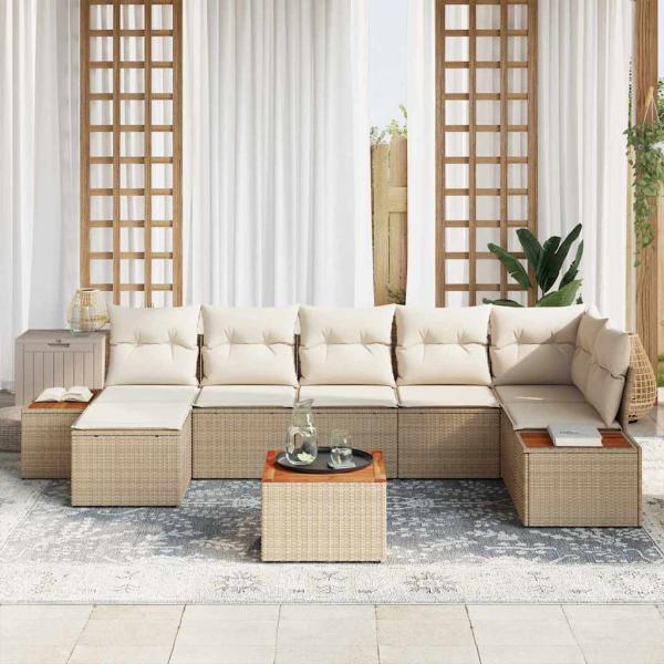 8-teiliges Garten Sofa Set mit Kissen in Beige Poly Rattan Akazie