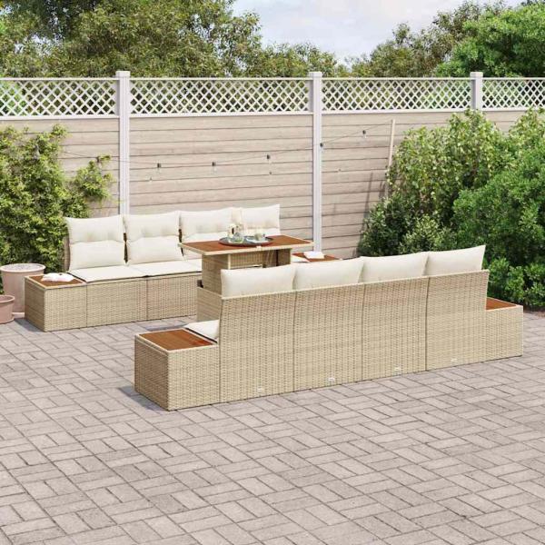 9-teiliges Garten Sofa Set mit Kissen Beige Poly Rattan