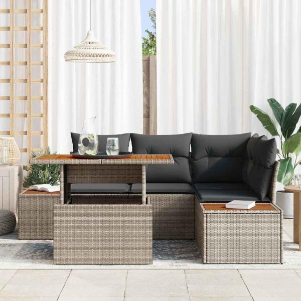 ARDEBO.de - 5-teiliges Garten Sofa Set mit Kissen Grau Poly Rattan