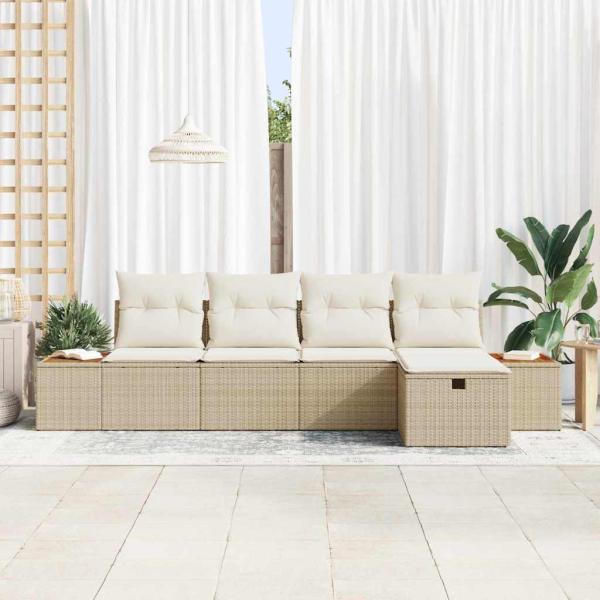 5-teiliges Garten-Sofa-Set mit Kissen Beige Poly Rattan