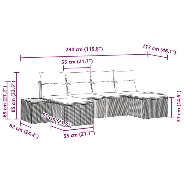 Garten-Sofa-Set 6 pcs Schwarz 55 x 62 x 69 cm Poly Rattan