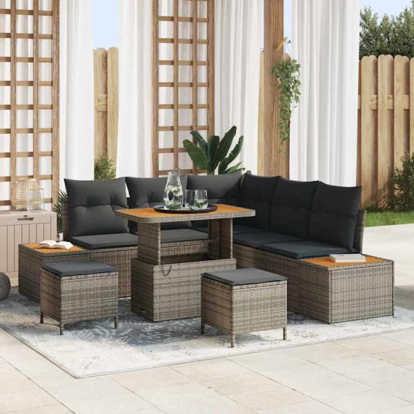 ARDEBO.de - 8-teiliges Garten Sofa Set mit Kissen Grau Poly Rattan Akazie