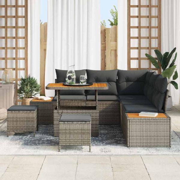 8-teiliges Garten Sofa Set mit Kissen Grau Poly Rattan Akazie