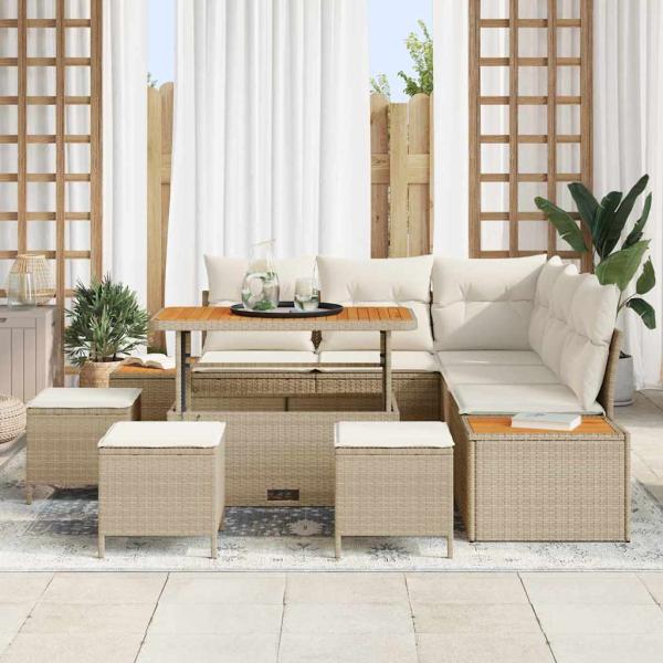 9-teiliges Garten-Sofa-Set mit Kissen Beige Poly-Rattan Akazie