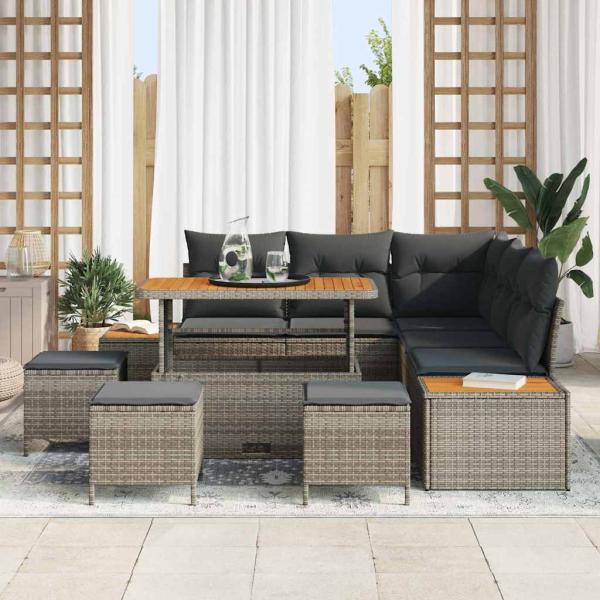 9-teiliges Garten Sofa Set mit Kissen Grau Poly-Rattan Akazie