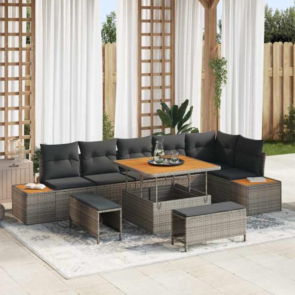 ARDEBO.de - 9-teiliges Garten-Sofa-Set mit Kissen Grau Poly Rattan Akazie