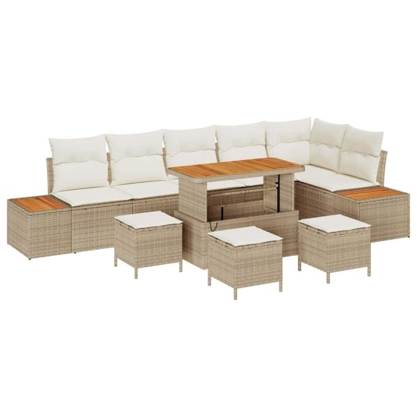 10-teiliges Garten Sofa Set mit Kissen Beige Poly Rattan Akazie