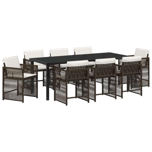 9-teiliges Garten Essbereich mit Kissen Braun Poly Rattan