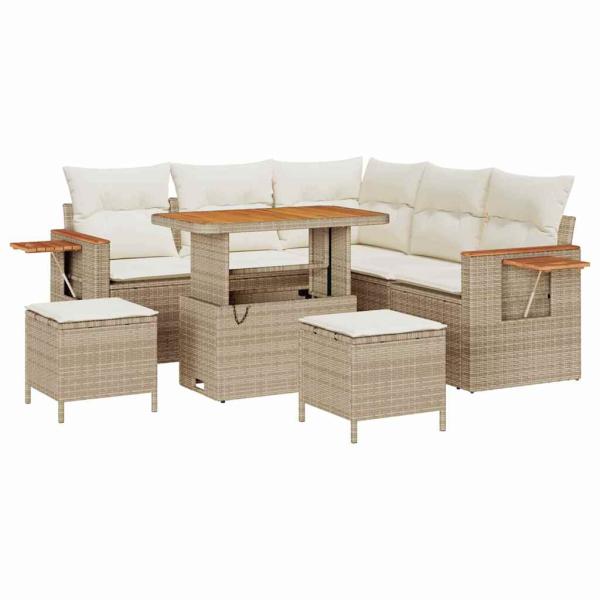 8-teiliges Garten Sofa Set mit Kissen Beige Poly Rattan Akazie