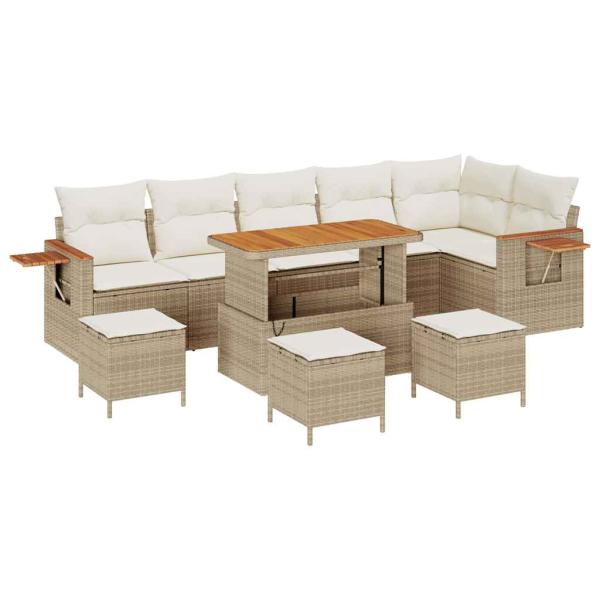 10-teiliges Garten Sofa Set mit Kissen Beige Poly-Rattan Akazie