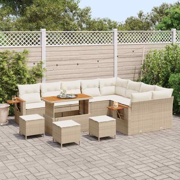 13-teiliges Garten Sofa Set mit Kissen Beige Poly-Rattan Akazie