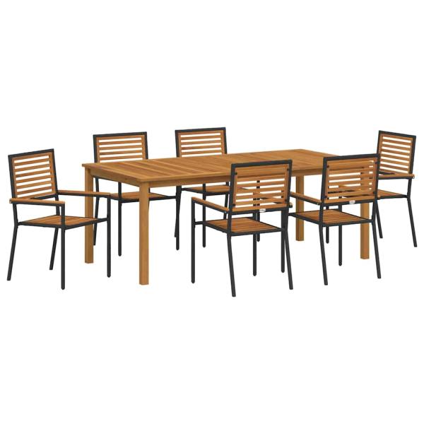 7-teiliges Garten-Esszimmer Set Schwarz Polyrattan Akazie