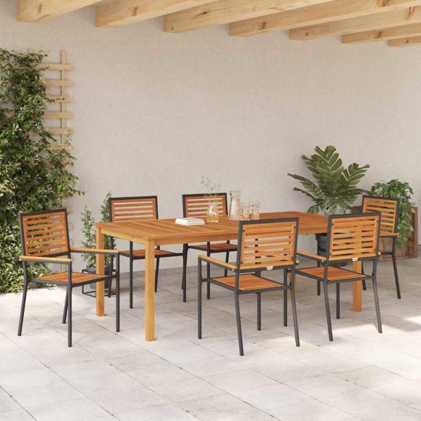 7-teiliges Garten-Esszimmer Set Schwarz Polyrattan Akazie