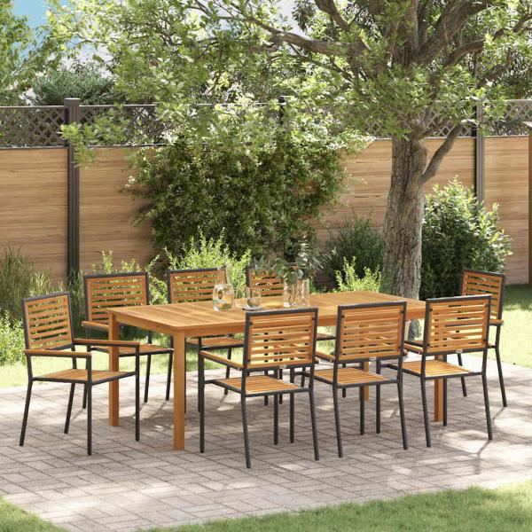 ARDEBO.de - 9-teilige Garten Esstischgruppe Schwarz Poly Rattan Akazie