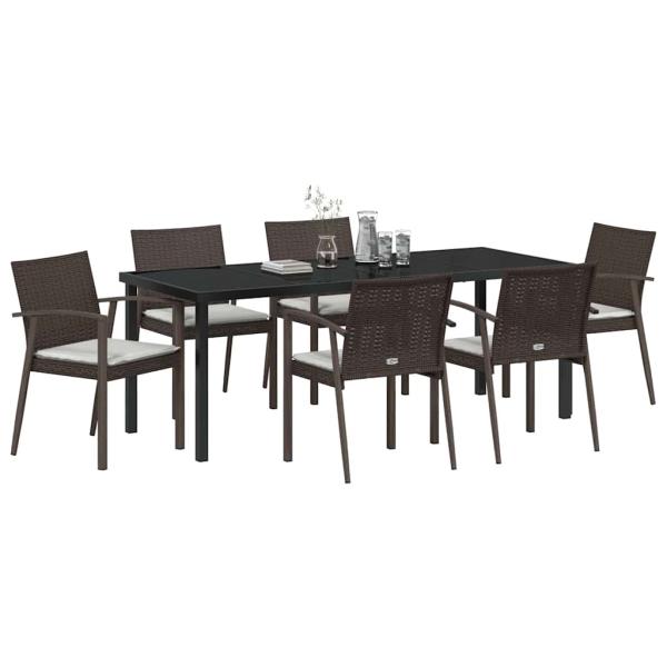 7-teiliges Garten-Esstischset mit Kissen Braun Poly-Rattan